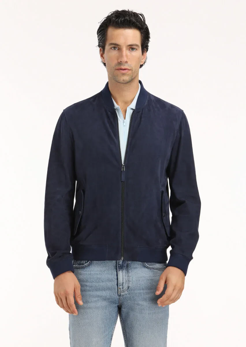 Navy Blue Regular Fit Mandarin Collar Casual Suede Leather Coat - 2