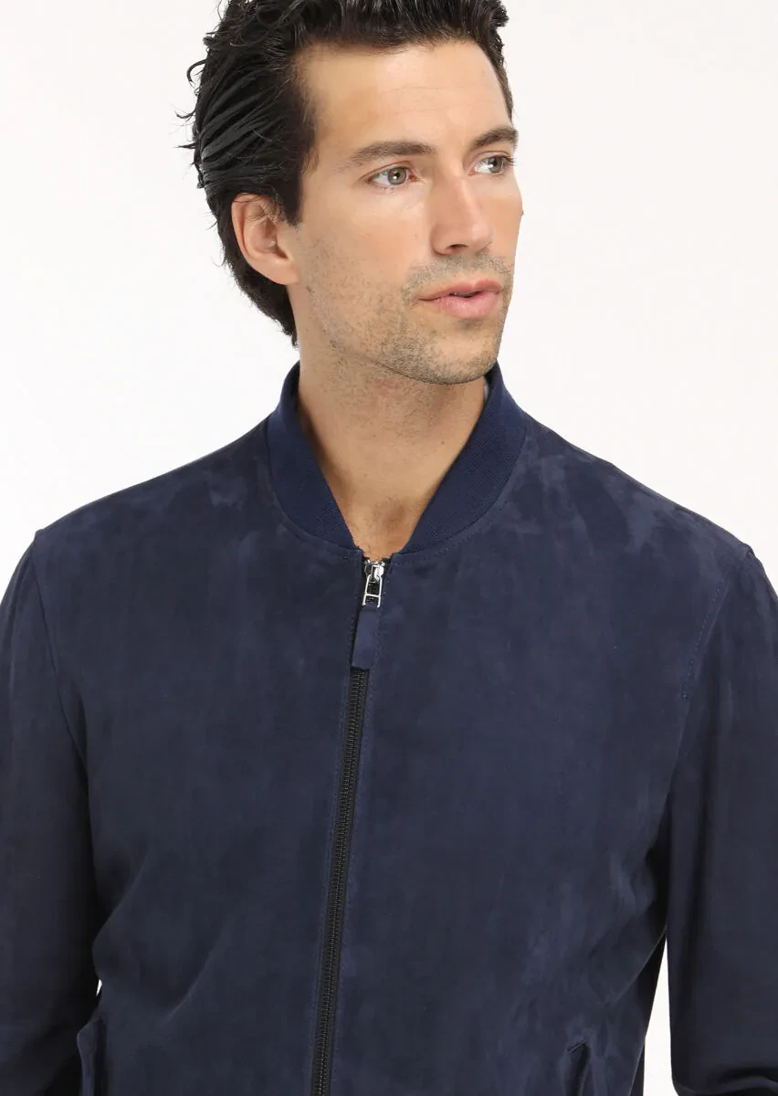 Navy Blue Regular Fit Mandarin Collar Casual Suede Leather Coat - 3