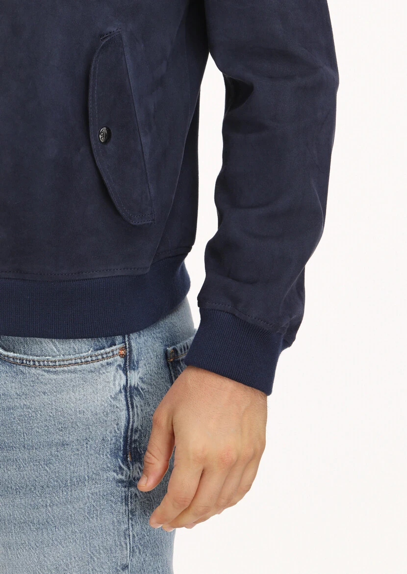 Navy Blue Regular Fit Mandarin Collar Casual Suede Leather Coat - 4