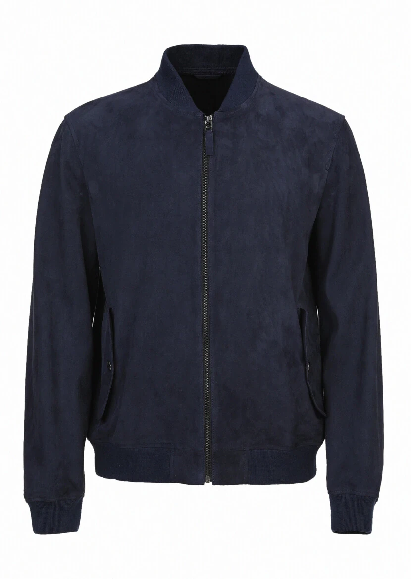 Navy Blue Regular Fit Mandarin Collar Casual Suede Leather Coat - 6