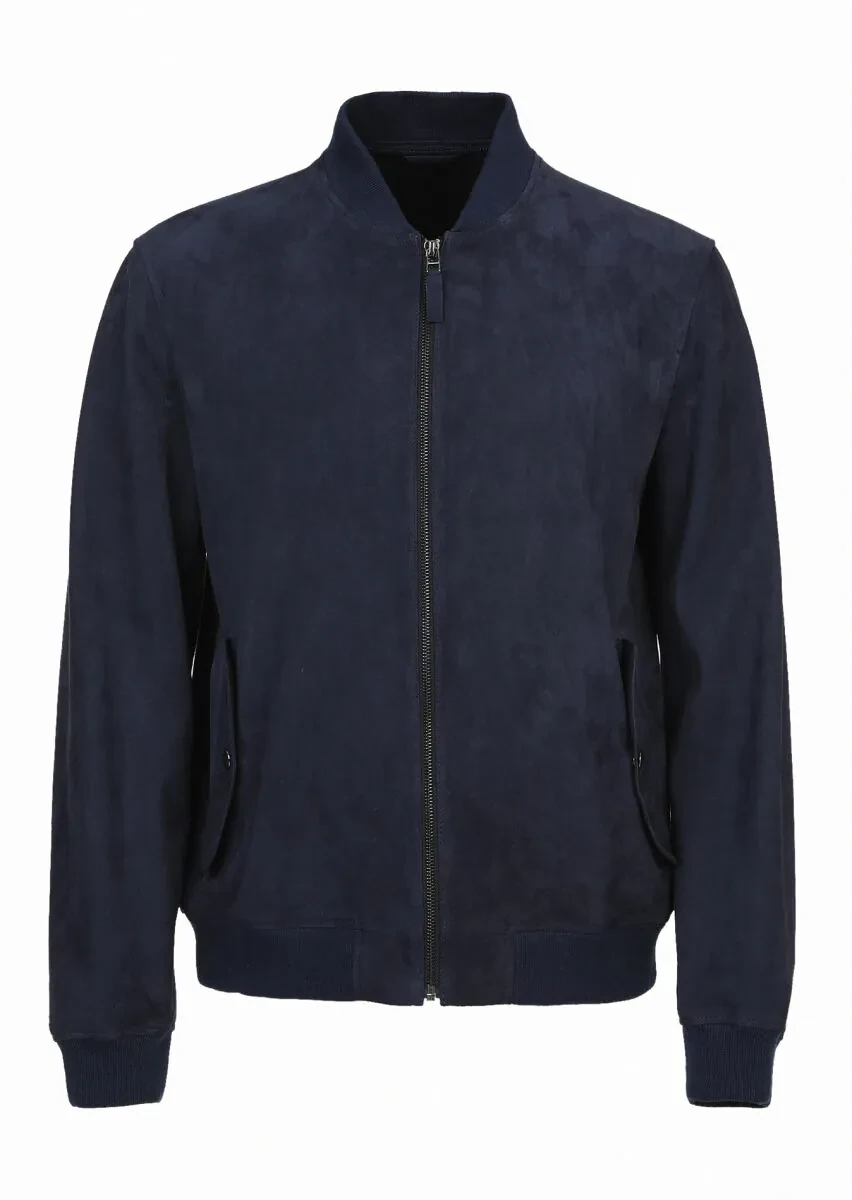 Navy Blue Regular Fit Mandarin Collar Casual Suede Leather Coat - 6