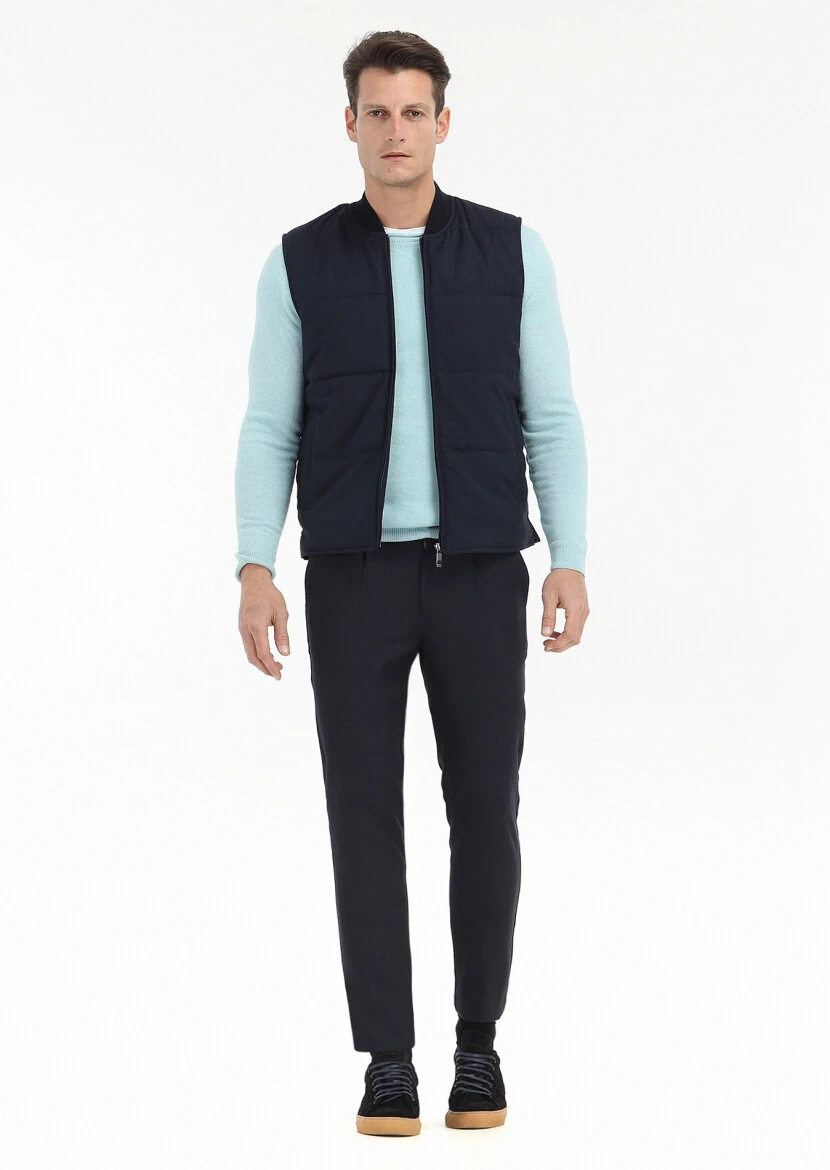 Navy Blue Regular Fit Mandarin Collar Casual Weaving Puffer Vest - 1