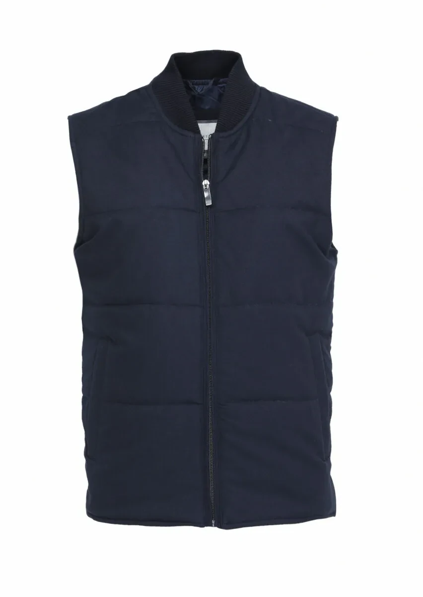 Navy Blue Regular Fit Mandarin Collar Casual Weaving Puffer Vest - 5