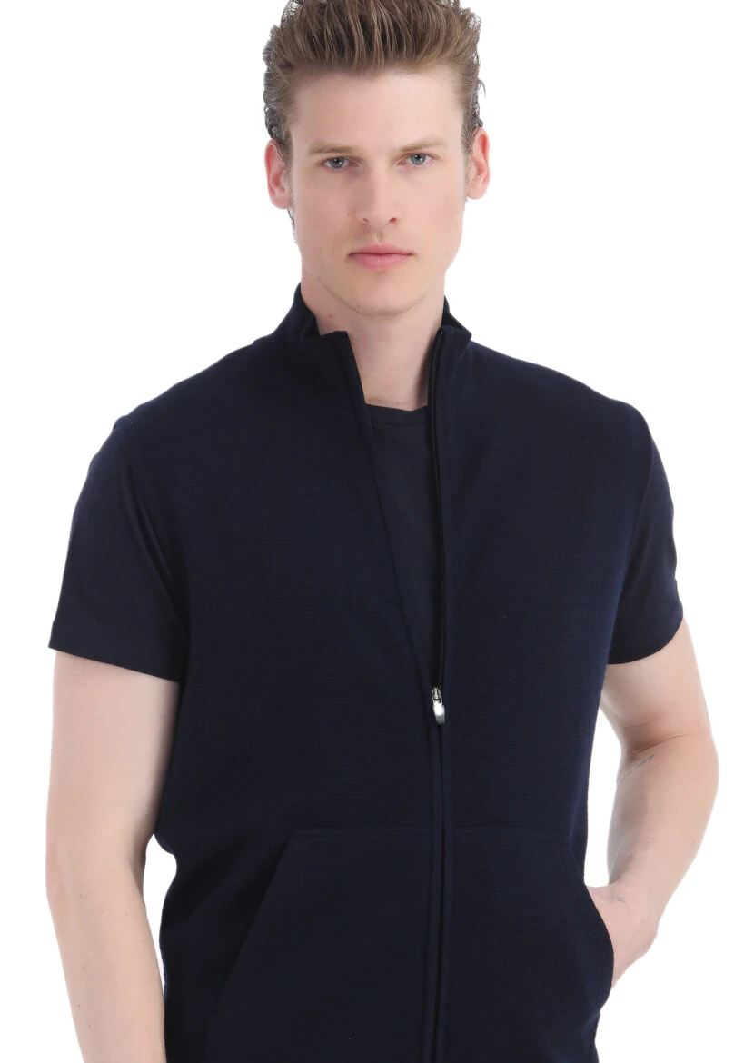 Navy Blue Regular Fit Mock-Turtleneck Casual Knitting Knit Vest - 3