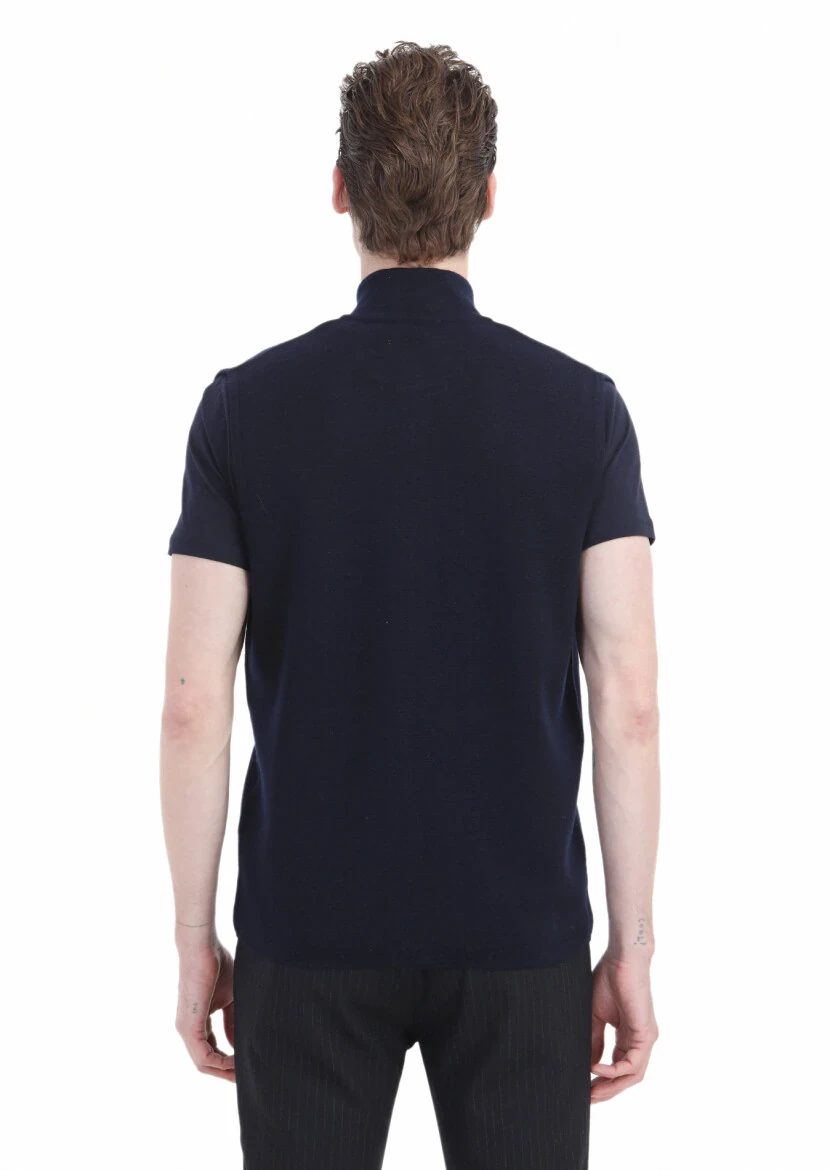 Navy Blue Regular Fit Mock-Turtleneck Casual Knitting Knit Vest - 5