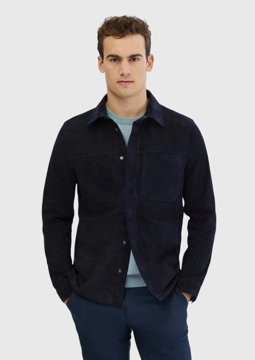 Navy Blue Regular Fit Shirt Collar Casual Leather Coat - RAMSEY