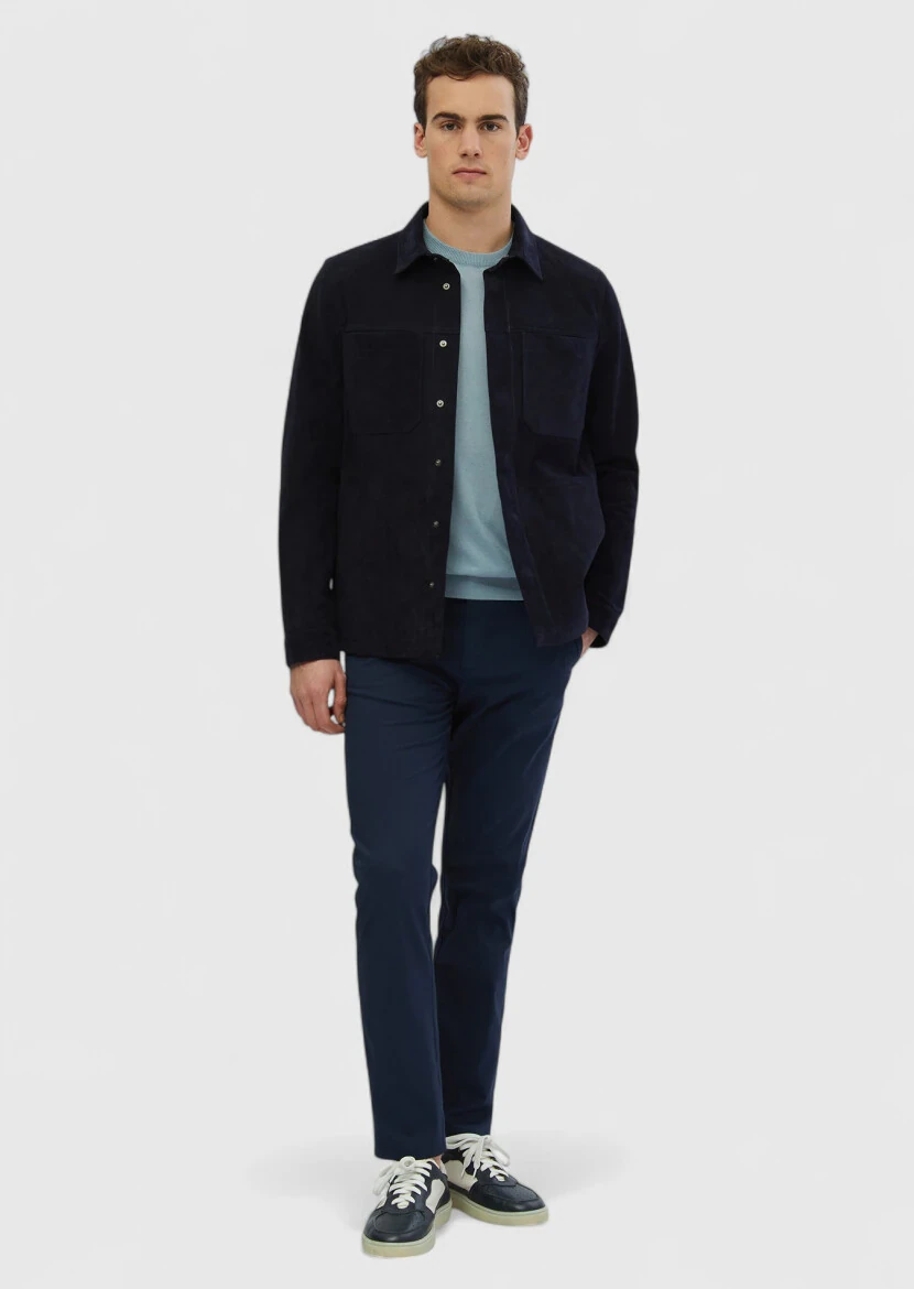 Navy Blue Regular Fit Shirt Collar Casual Leather Coat - RAMSEY