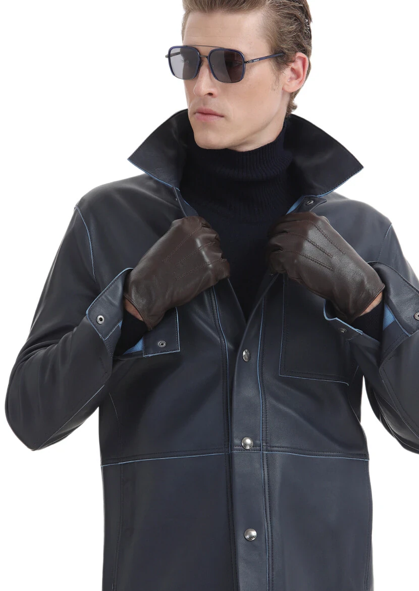 Navy Blue Regular Fit Shirt Collar Casual Suede Leather Coat - 5