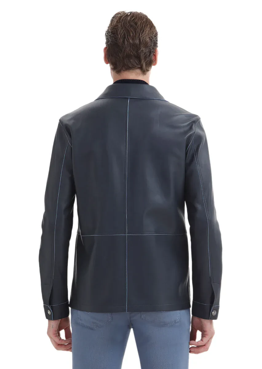 Navy Blue Regular Fit Shirt Collar Casual Suede Leather Coat - 7