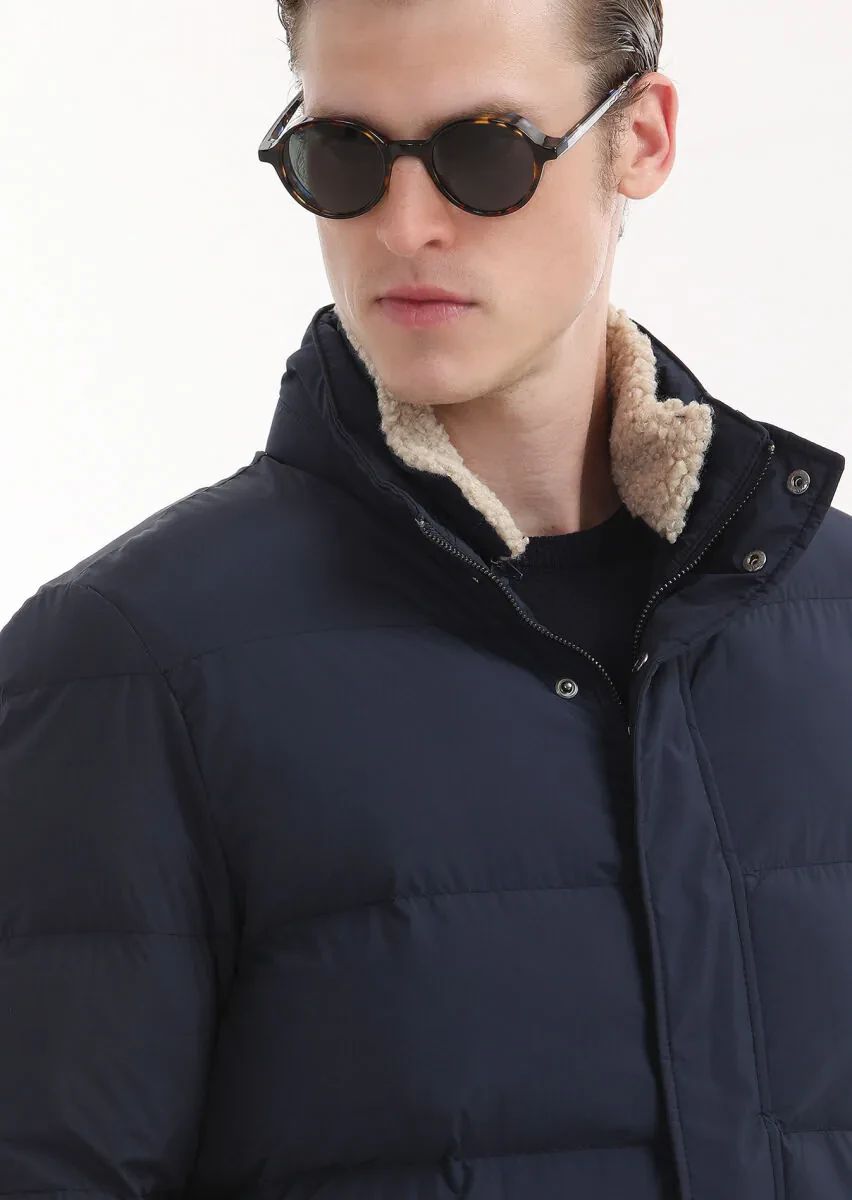 Navy Blue Regular Fit Shirt Collar Casual Weaving Coat - 3