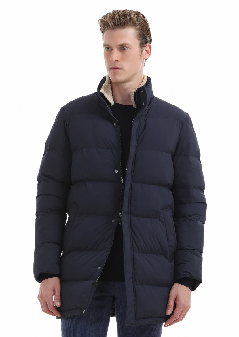 Navy Blue Regular Fit Shirt Collar Casual Weaving Coat - 4