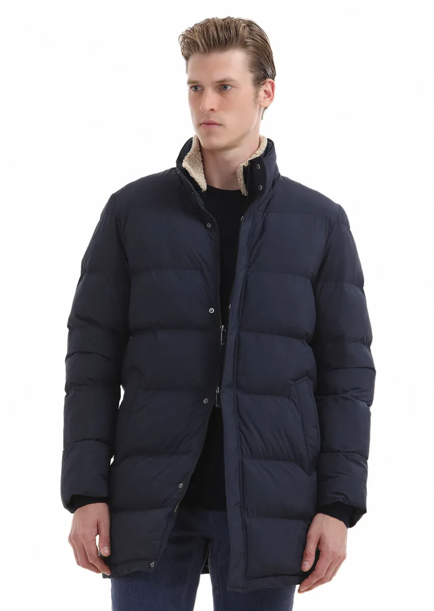 Navy Blue Regular Fit Shirt Collar Casual Weaving Coat - 4