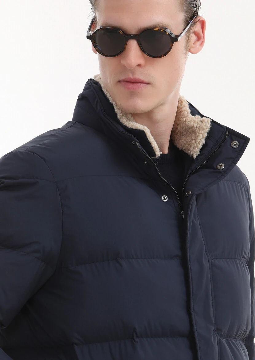 Navy Blue Regular Fit Shirt Collar Casual Weaving Coat - 5