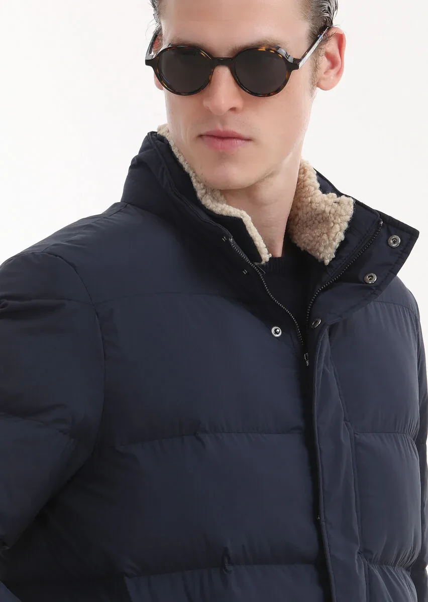 Navy Blue Regular Fit Shirt Collar Casual Weaving Coat - 5