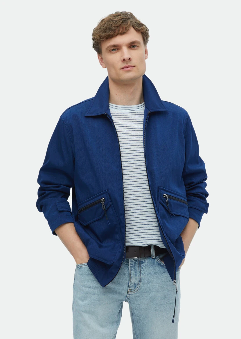 Navy Blue Regular Fit Shirt Collar Casual Weaving Coat - 3