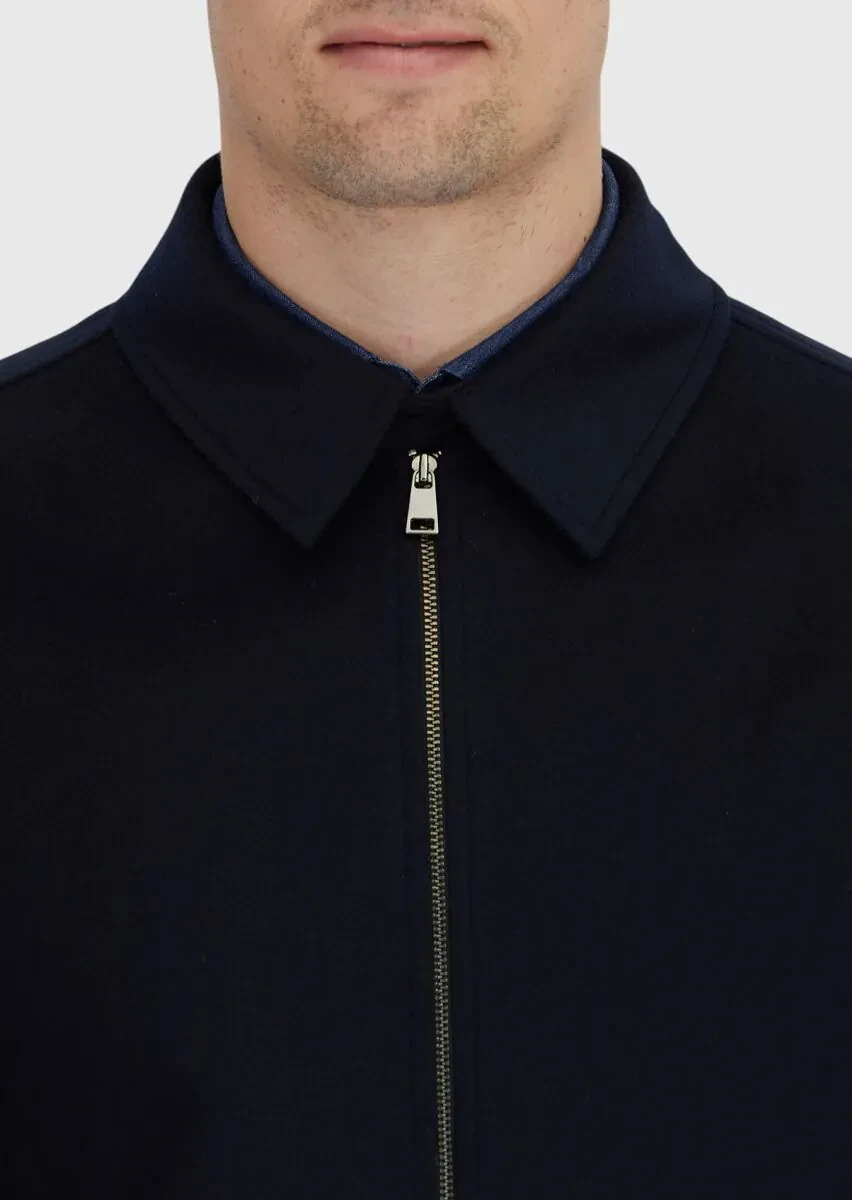 Navy Blue Regular Fit Shirt Collar Casual Weaving Coat - 5