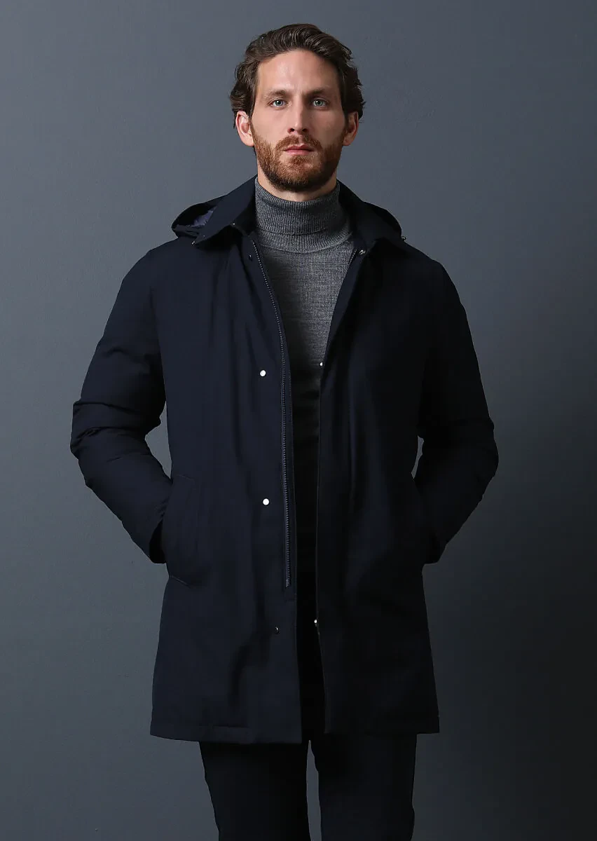 Navy Blue Regular Fit Shirt Collar Casual Weaving Rain Coat - 1