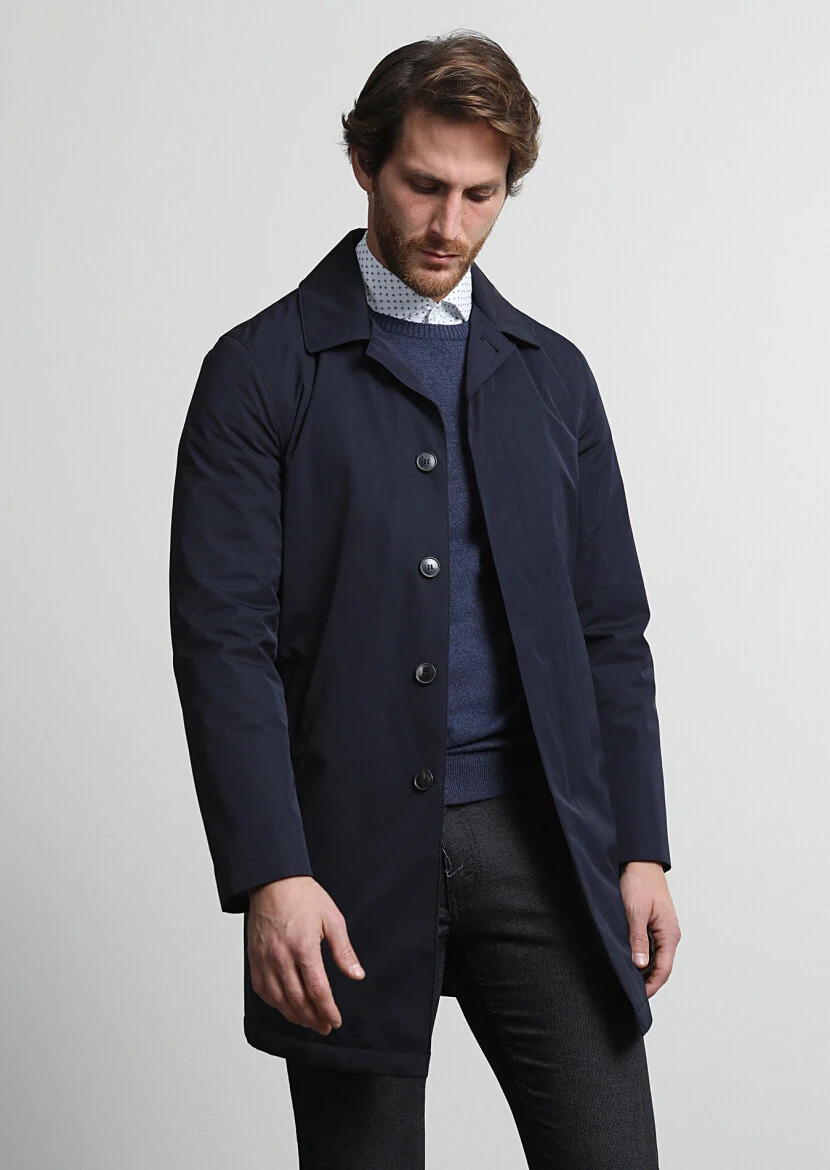 Navy Blue Regular Fit Shirt Collar Casual Weaving Rain Coat - 1