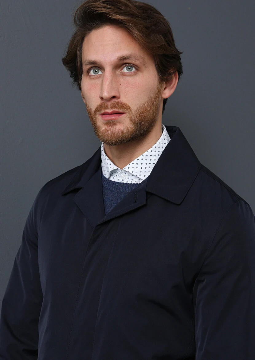 Navy Blue Regular Fit Shirt Collar Casual Weaving Rain Coat - 2