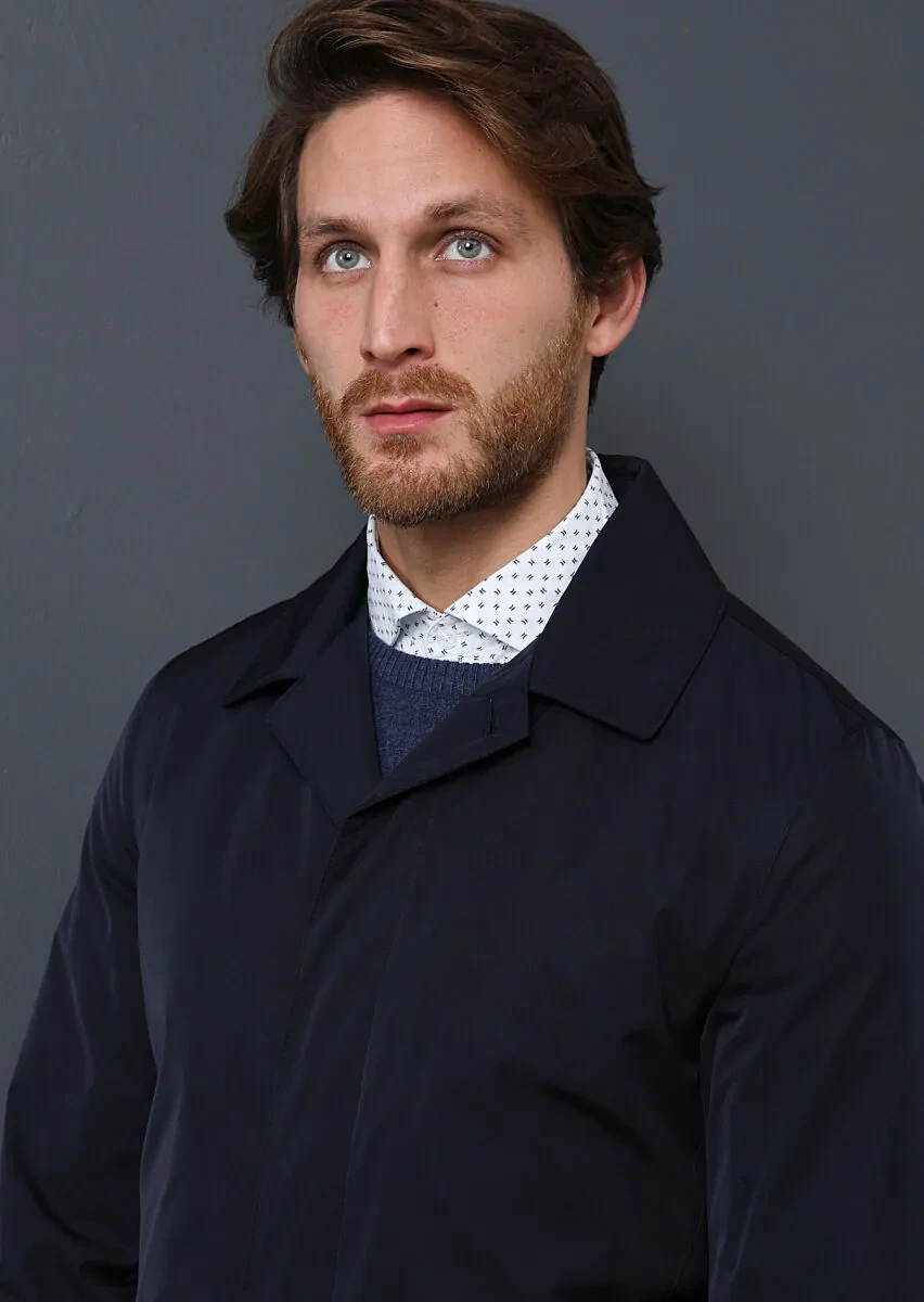 Navy Blue Regular Fit Shirt Collar Casual Weaving Rain Coat - 2