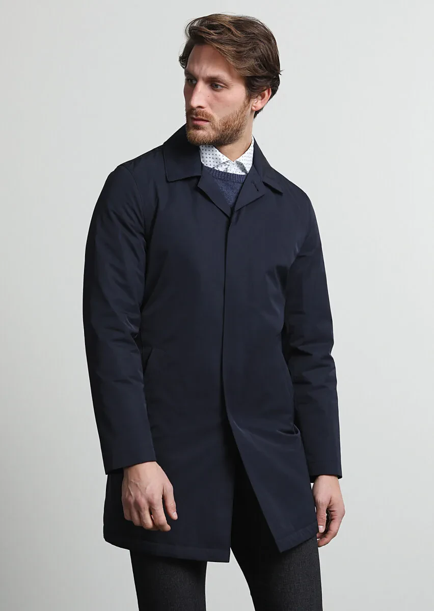 Navy Blue Regular Fit Shirt Collar Casual Weaving Rain Coat - 3