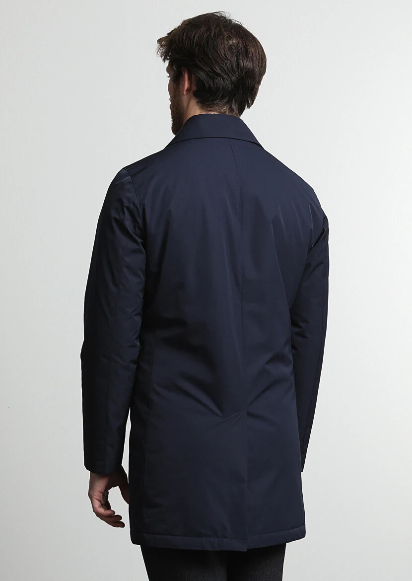 Navy Blue Regular Fit Shirt Collar Casual Weaving Rain Coat - 4