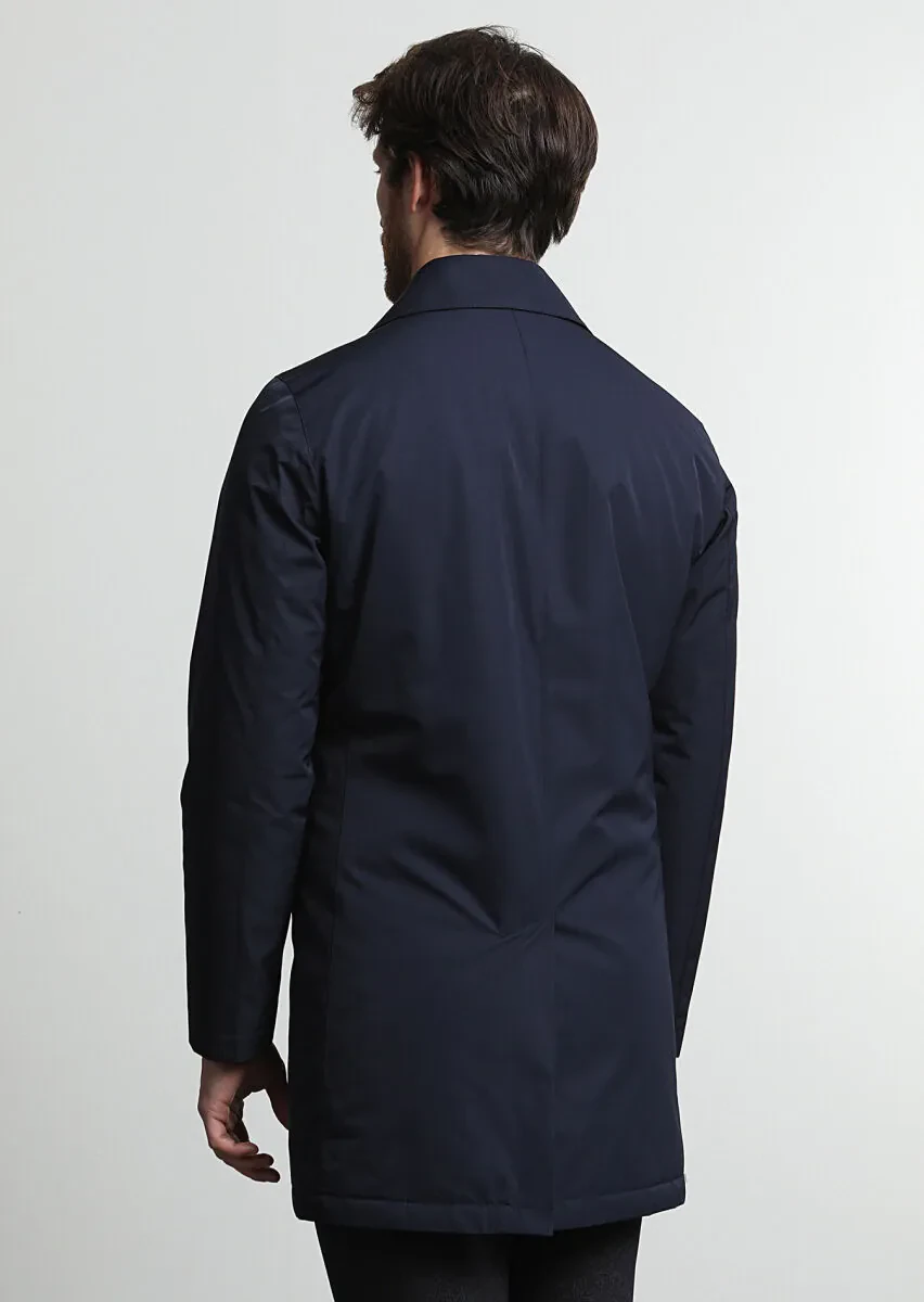 Navy Blue Regular Fit Shirt Collar Casual Weaving Rain Coat - 4