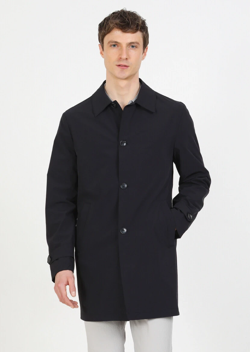 Navy Blue Regular Fit Shirt Collar Casual Weaving Rain Coat - 1
