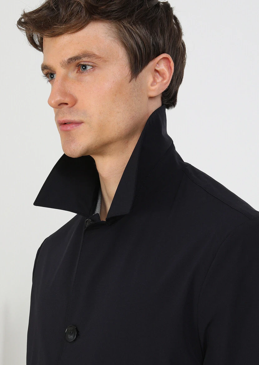 Navy Blue Regular Fit Shirt Collar Casual Weaving Rain Coat - 2