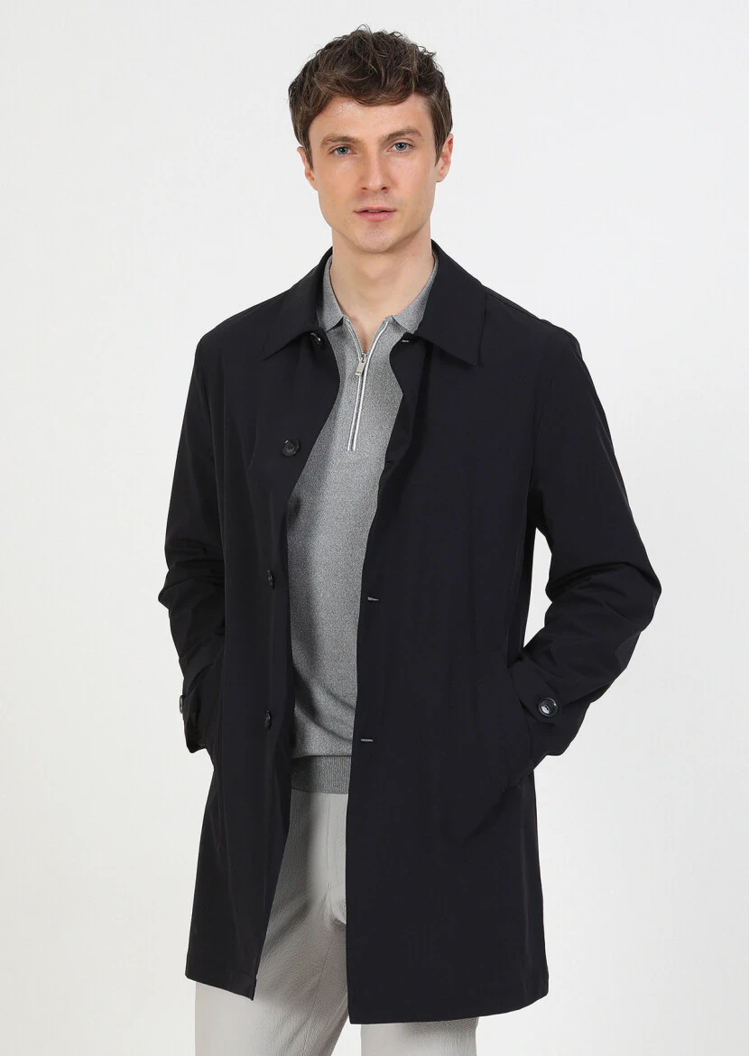 Navy Blue Regular Fit Shirt Collar Casual Weaving Rain Coat - 3