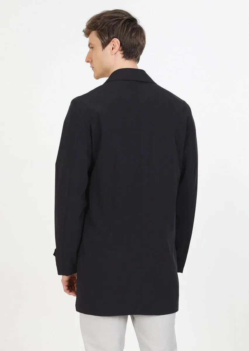 Navy Blue Regular Fit Shirt Collar Casual Weaving Rain Coat - 5