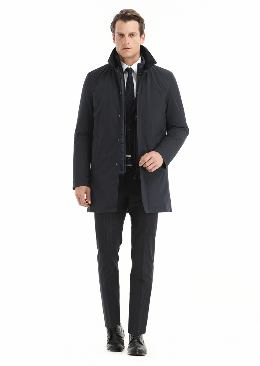 Navy Blue Regular Fit Shirt Collar Casual Weaving Rain Coat - 1