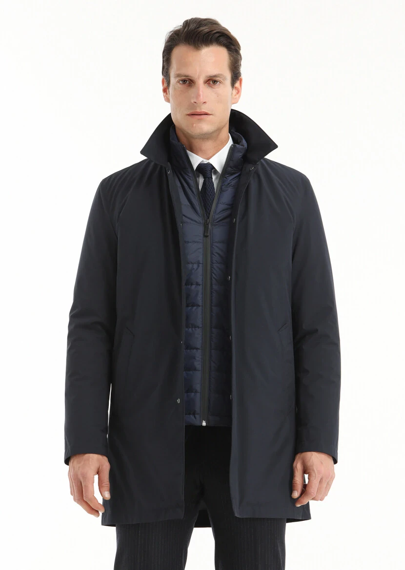 Navy Blue Regular Fit Shirt Collar Casual Weaving Rain Coat - 2