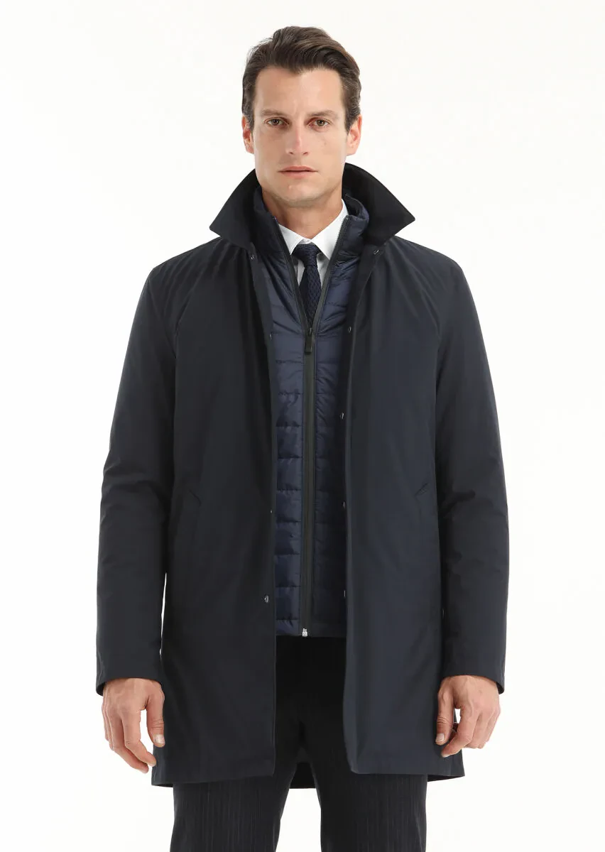 Navy Blue Regular Fit Shirt Collar Casual Weaving Rain Coat - 2