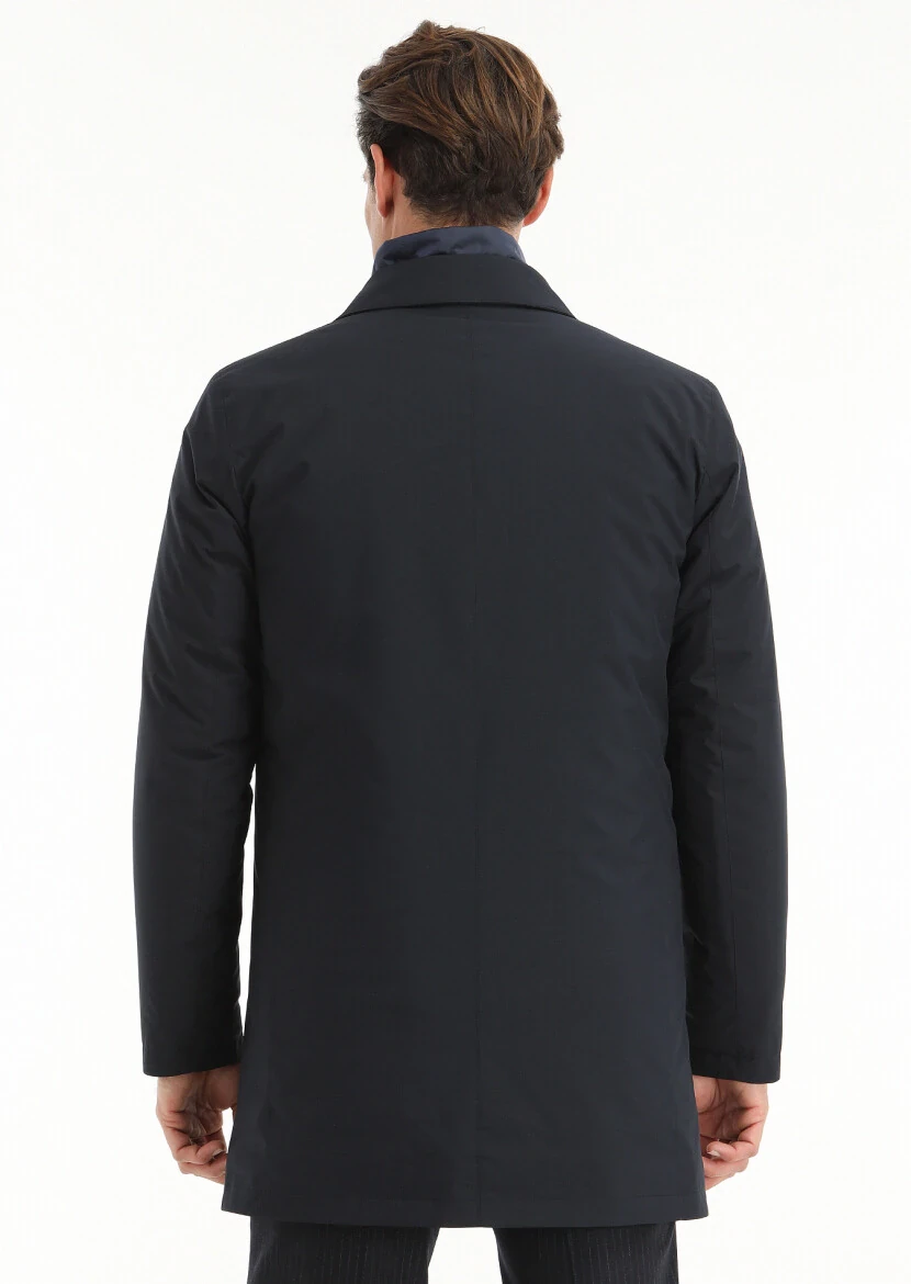 Navy Blue Regular Fit Shirt Collar Casual Weaving Rain Coat - 5