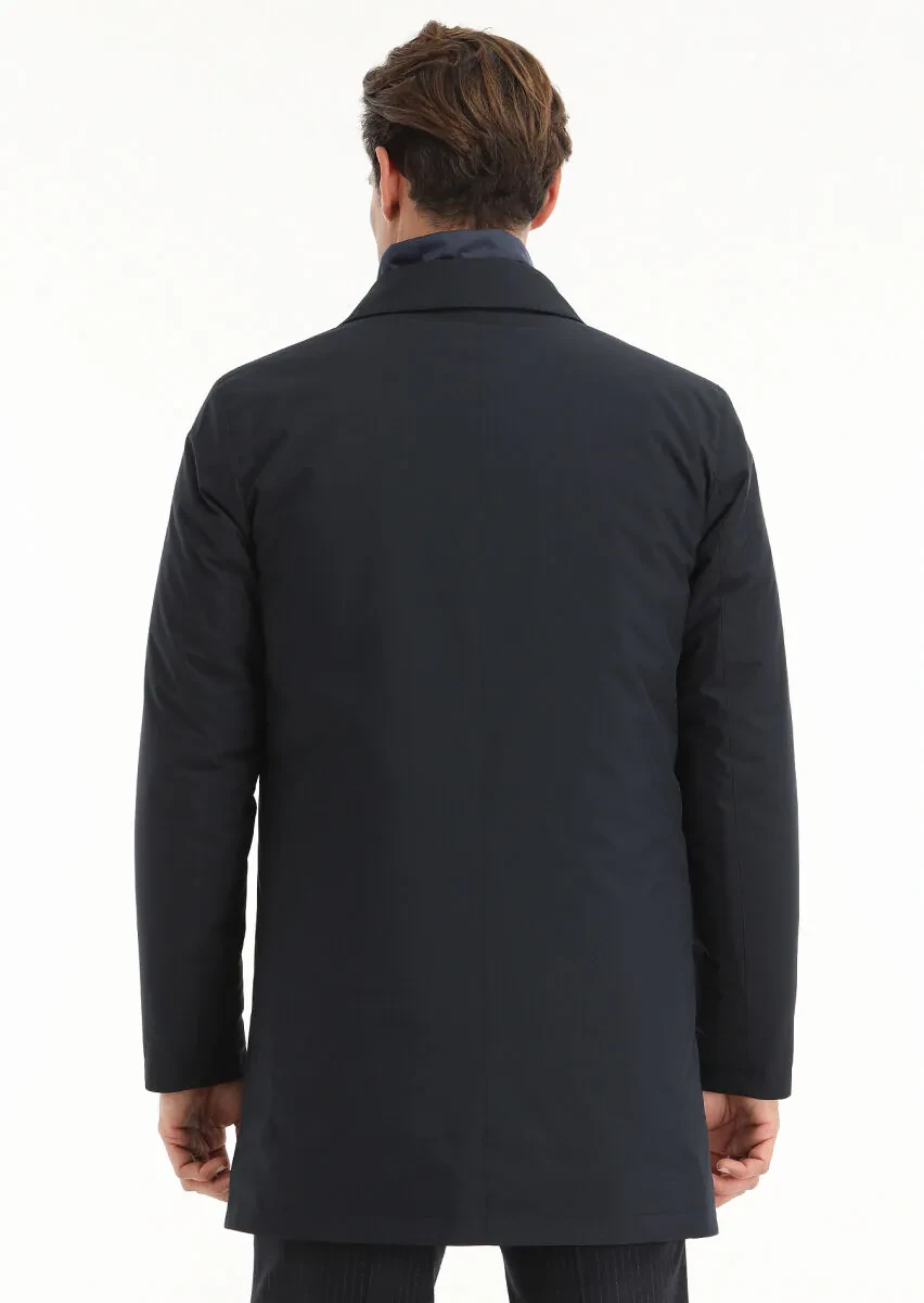 Navy Blue Regular Fit Shirt Collar Casual Weaving Rain Coat - 5