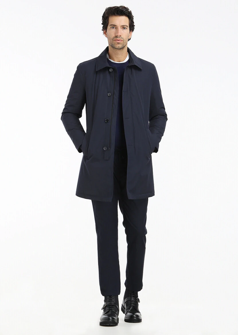 Navy Blue Regular Fit Shirt Collar Casual Weaving Rain Coat - 1