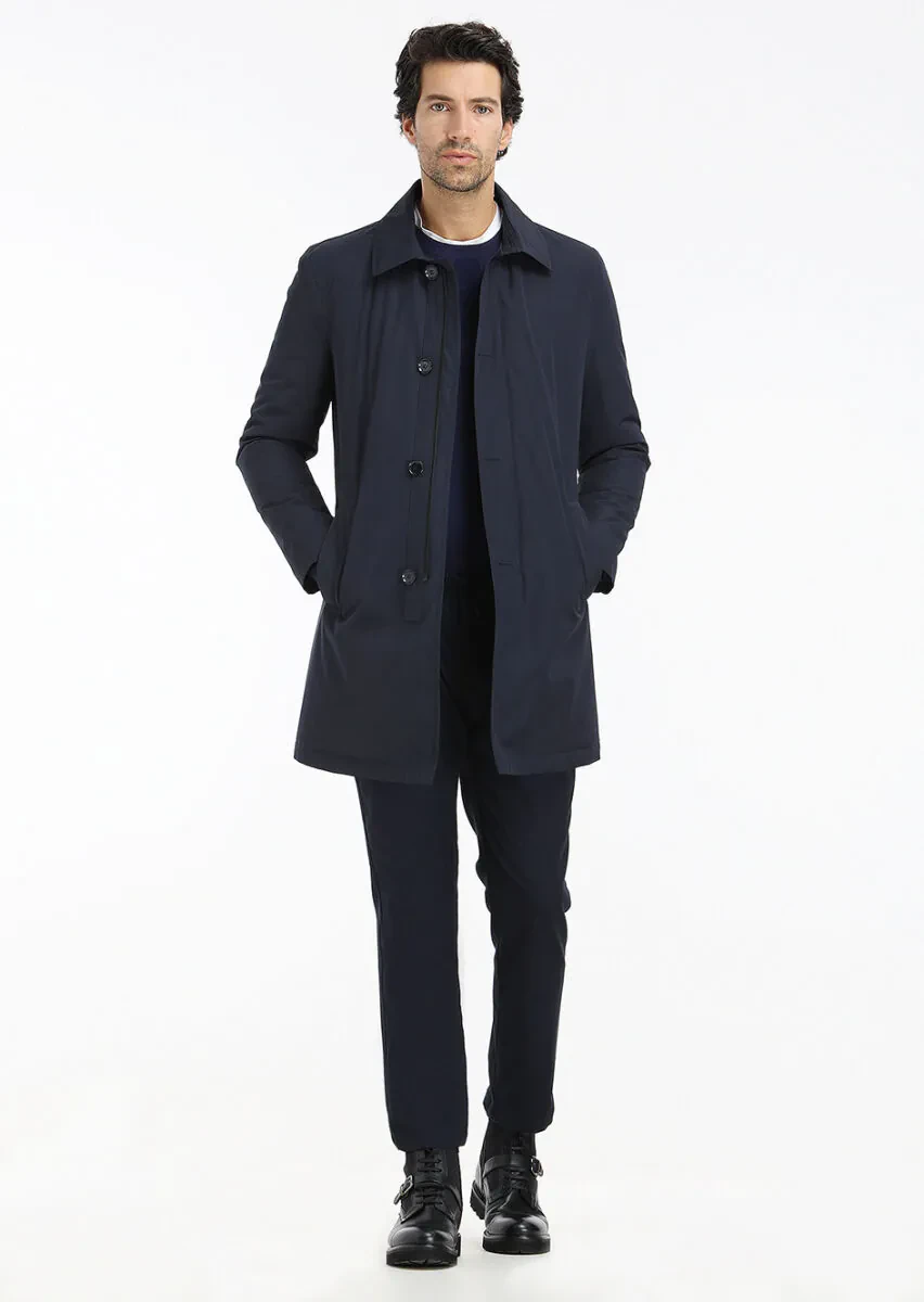 Navy Blue Regular Fit Shirt Collar Casual Weaving Rain Coat - 1