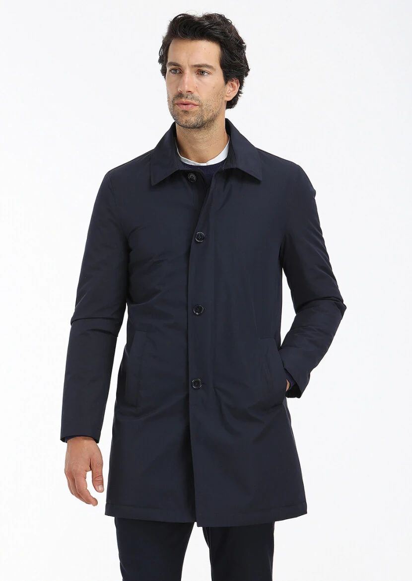 Navy Blue Regular Fit Shirt Collar Casual Weaving Rain Coat - 2