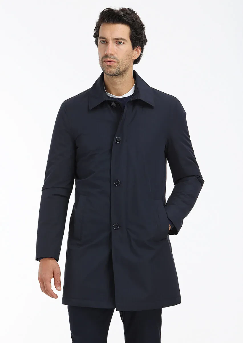 Navy Blue Regular Fit Shirt Collar Casual Weaving Rain Coat - 2