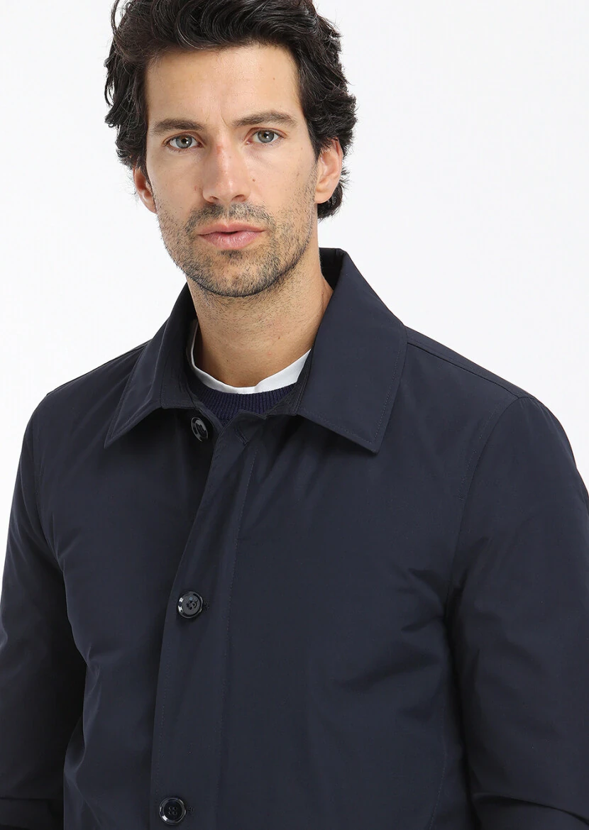 Navy Blue Regular Fit Shirt Collar Casual Weaving Rain Coat - 3