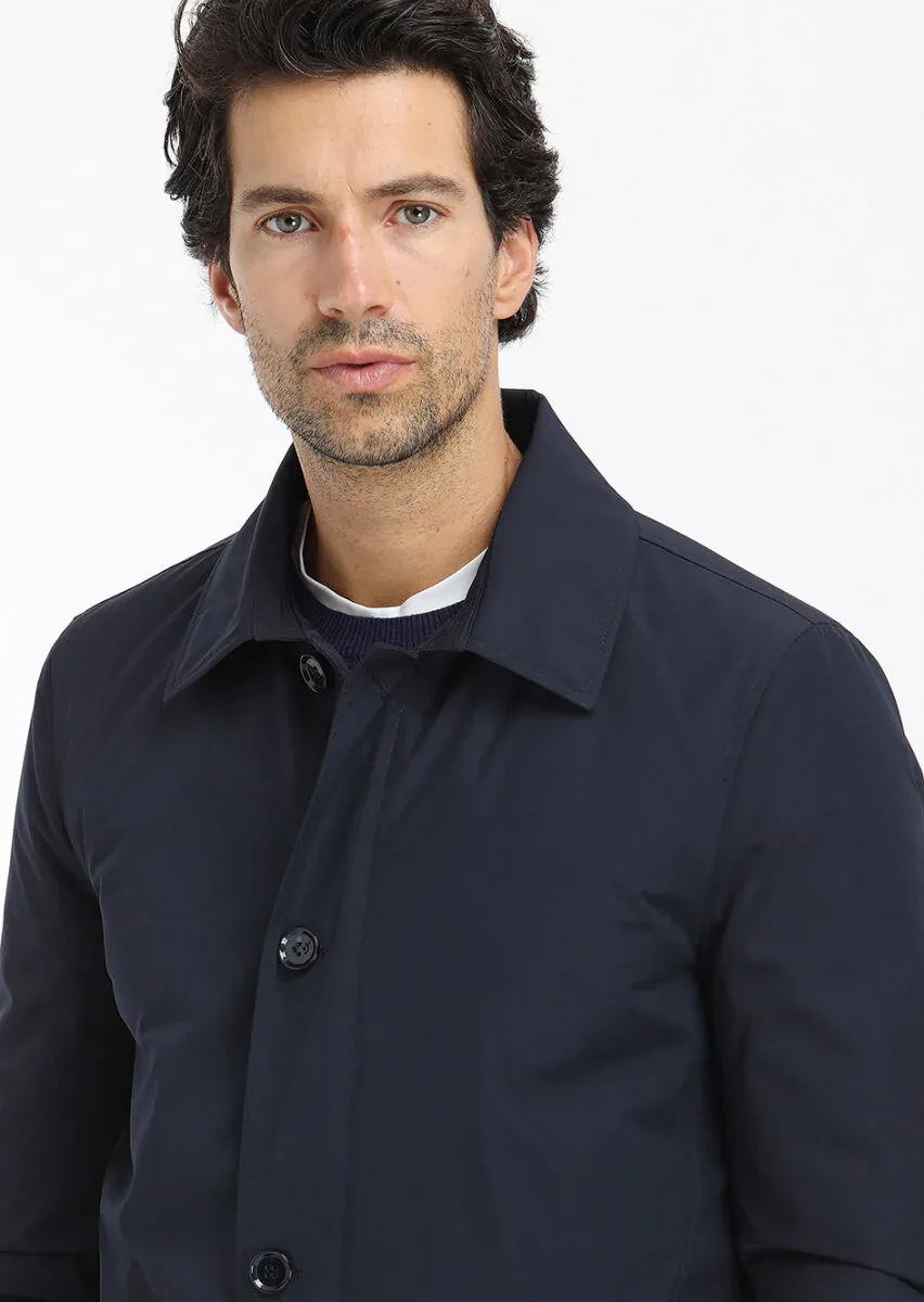 Navy Blue Regular Fit Shirt Collar Casual Weaving Rain Coat - 3