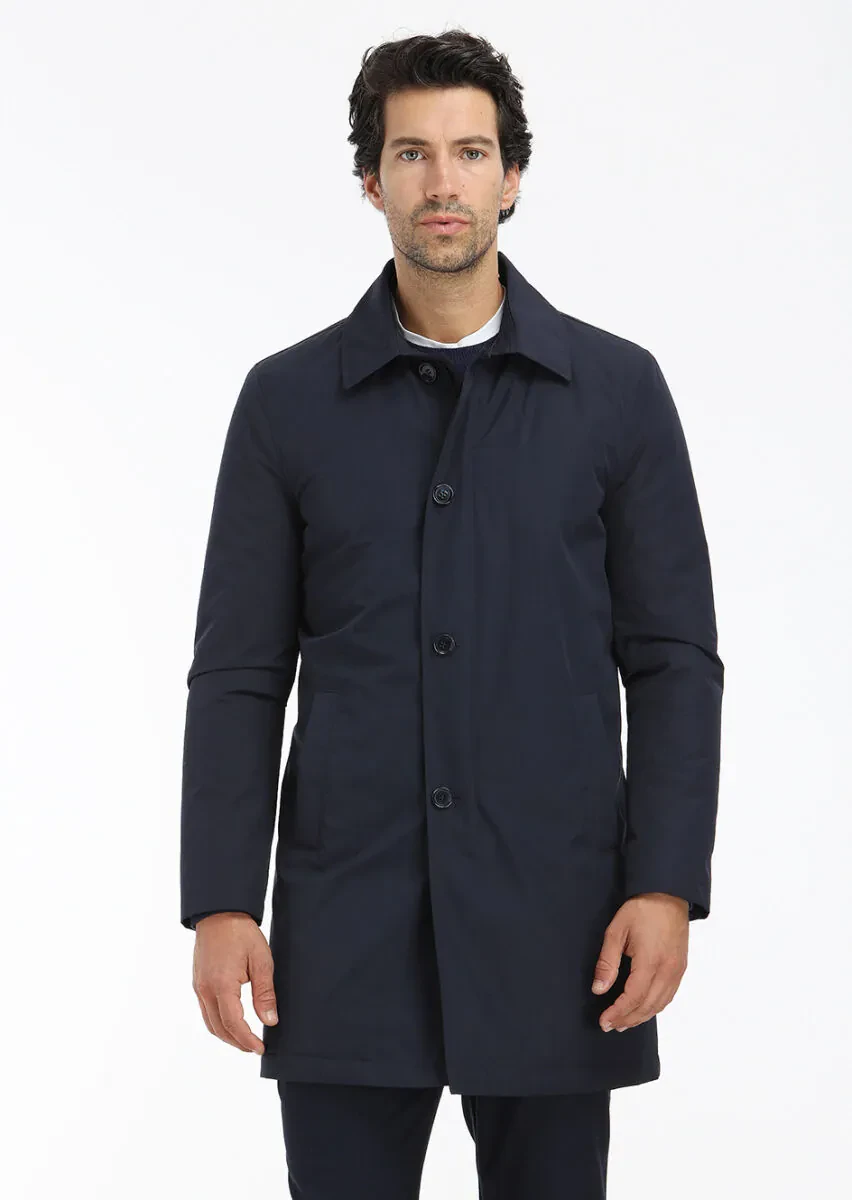 Navy Blue Regular Fit Shirt Collar Casual Weaving Rain Coat - 4