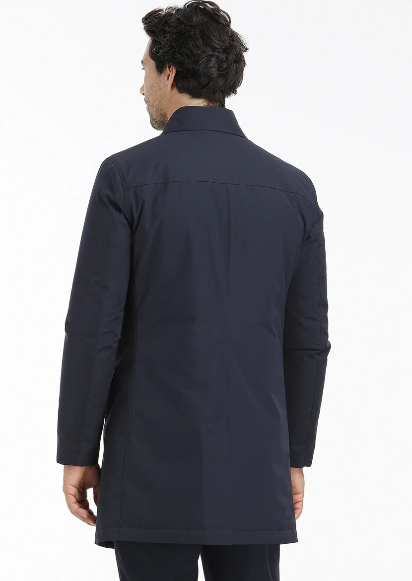 Navy Blue Regular Fit Shirt Collar Casual Weaving Rain Coat - 5