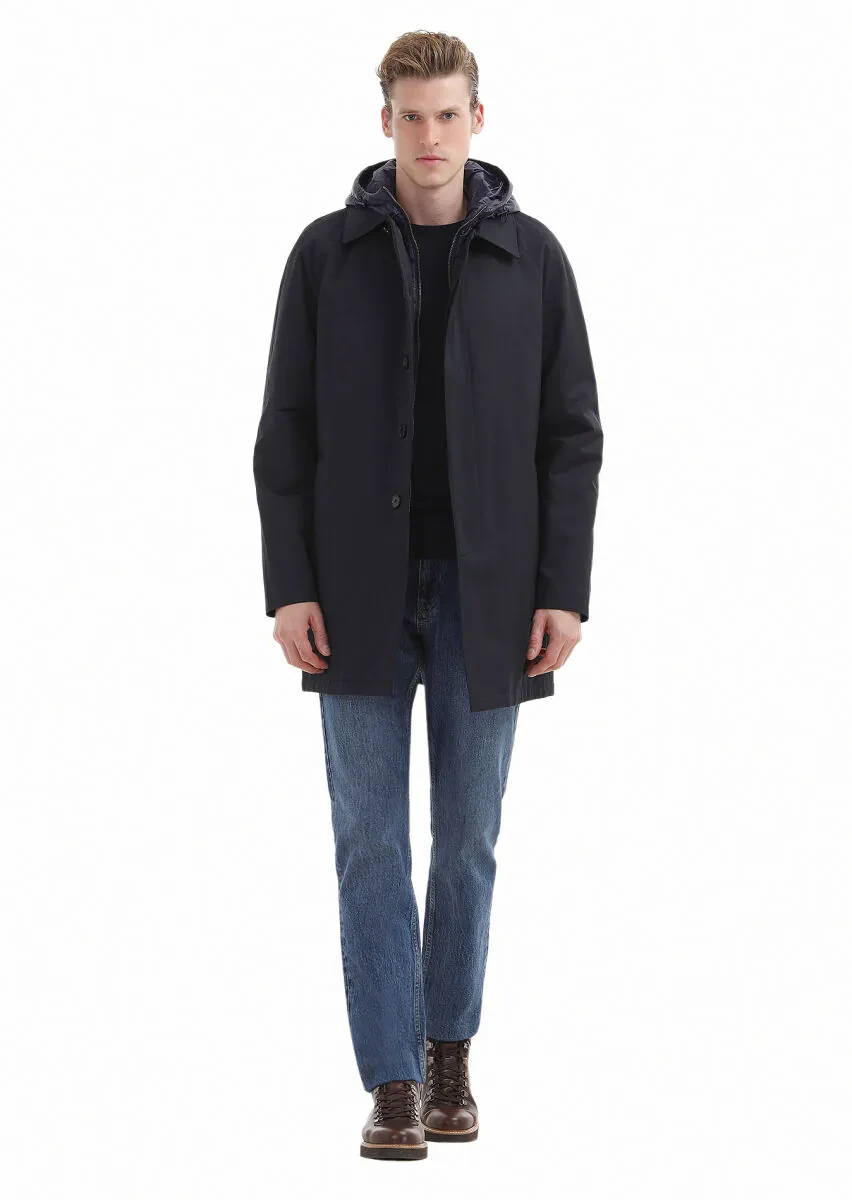 Navy Blue Regular Fit Shirt Collar Casual Weaving Removable Hood Rain Coat - 2