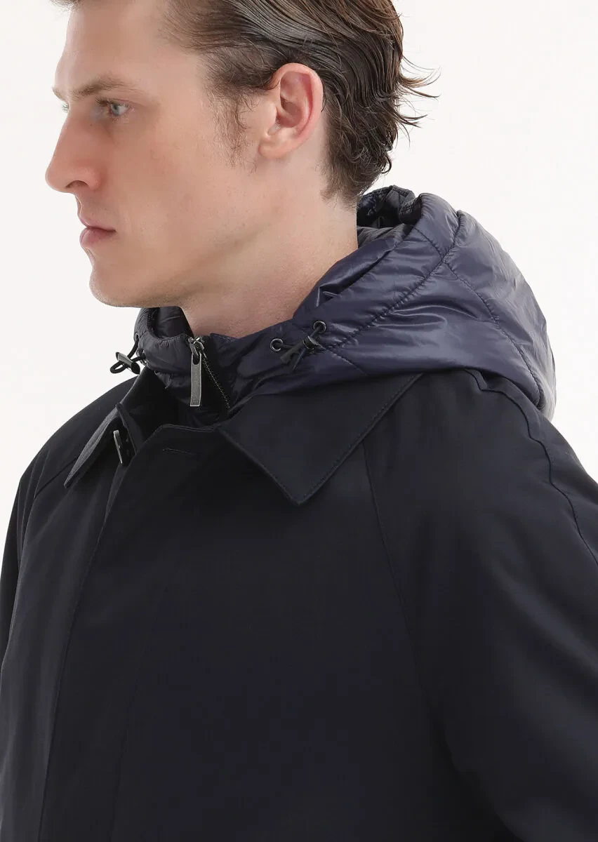 Navy Blue Regular Fit Shirt Collar Casual Weaving Removable Hood Rain Coat - 4