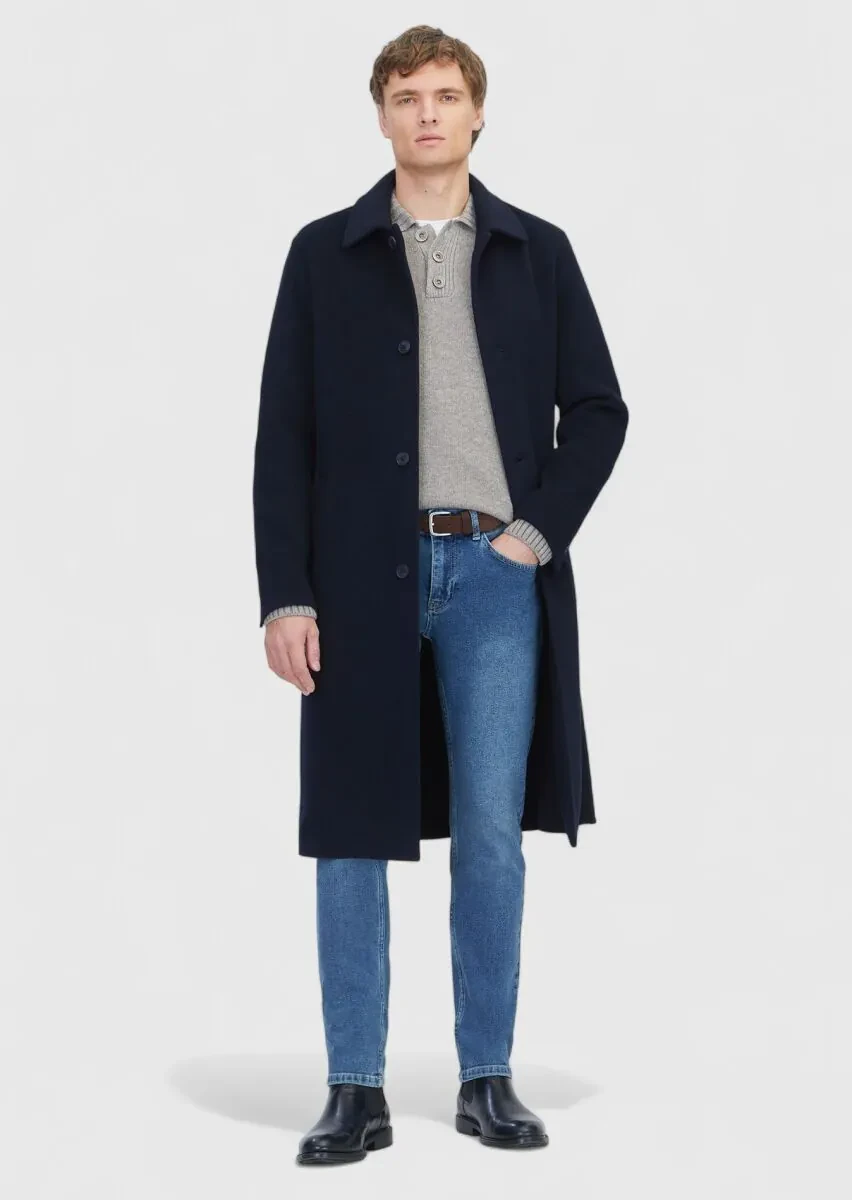 Navy Blue Regular Fit Shirt Collar Classical Weaving Overcoat - 2