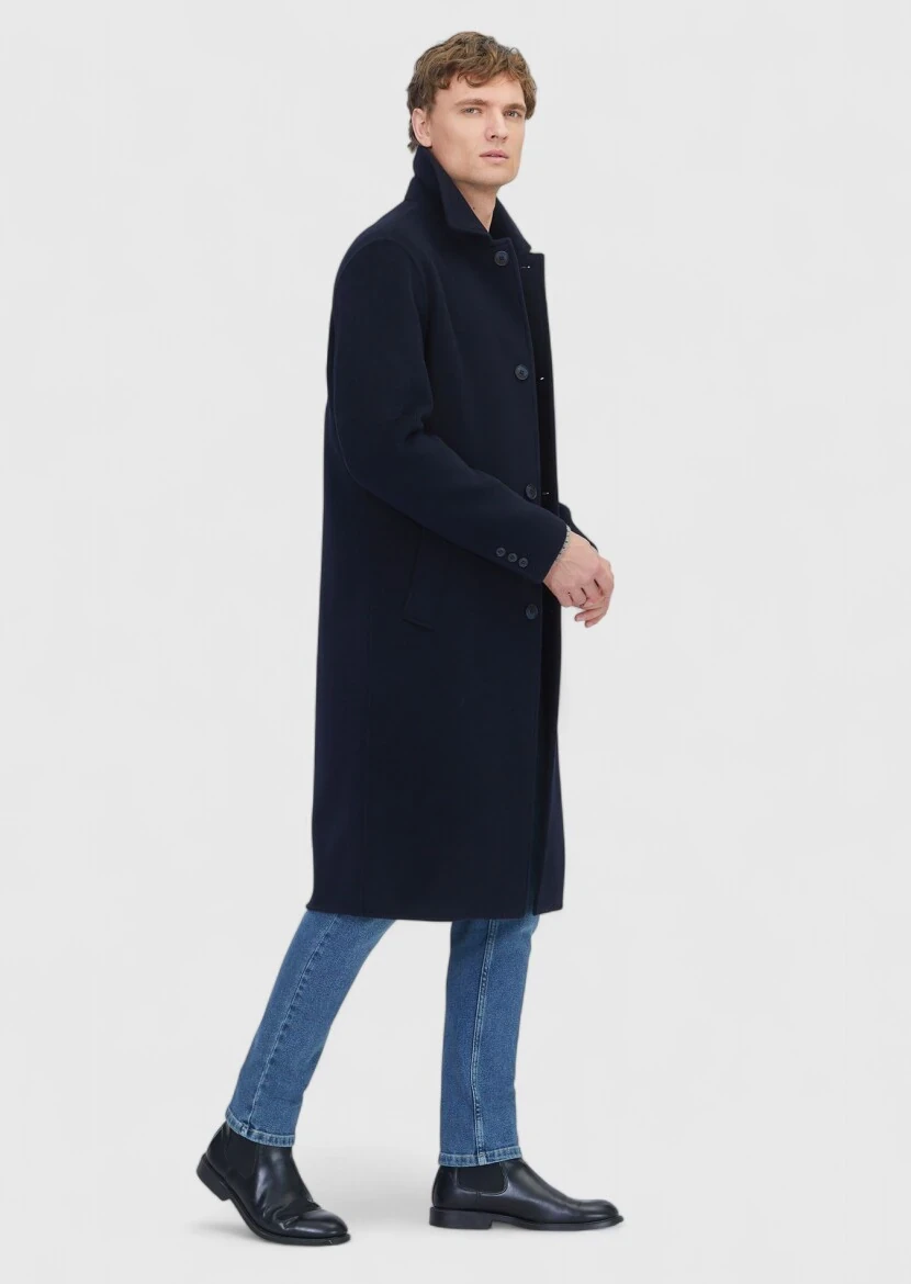 Navy Blue Regular Fit Shirt Collar Classical Weaving Overcoat - 3