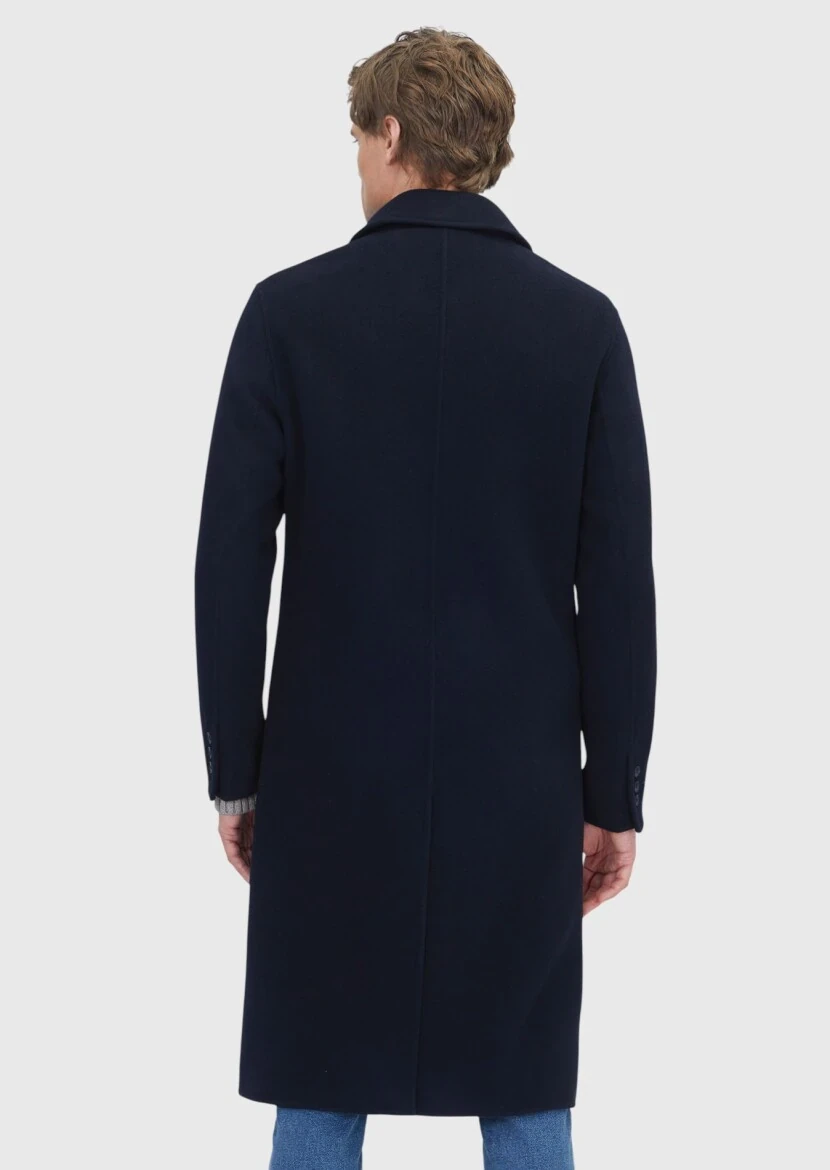 Navy Blue Regular Fit Shirt Collar Classical Weaving Overcoat - 8