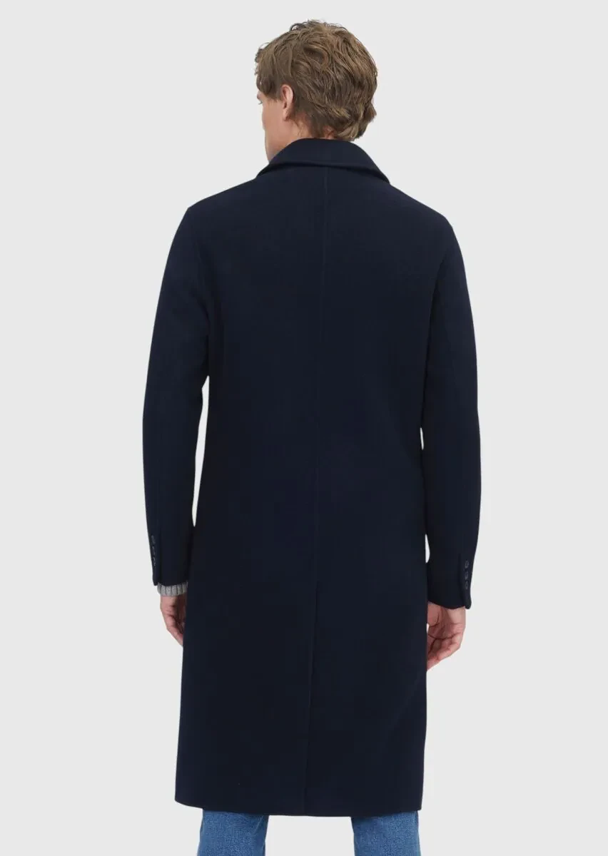 Navy Blue Regular Fit Shirt Collar Classical Weaving Overcoat - 8